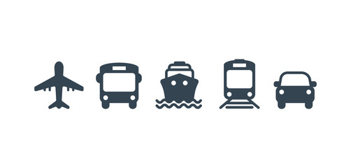 Transport icons. Airplane, Public bus, Train, Ship/Ferry and auto signs. Shipping delivery symbol. Air mail delivery sign. Vector