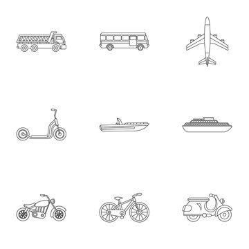 Movement on machine icons set. Outline illustration of 9 movement on machine vector icons for web
