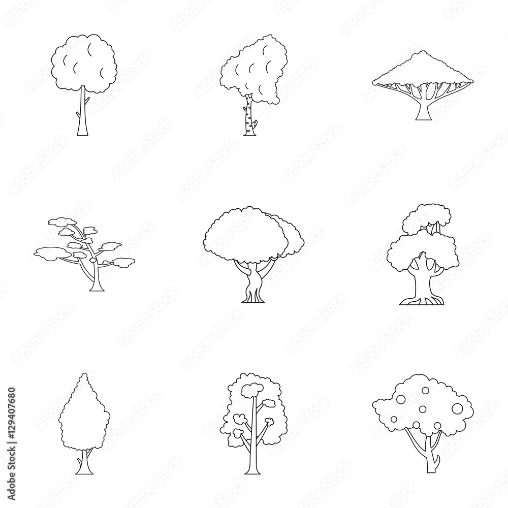Poster kind of trees icons set. outline illustration of 9 kind of trees vector icons for web