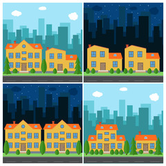 Obraz premium Set of vector day and night city with cartoon houses and buildings. City space with road on flat style background concept. Summer urban landscape. Street view with cityscape on a background 
