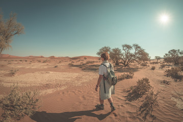 Tourist walking in the majestic Namib desert, Sossusvlei, Namib Naukluft National Park, travel destination in Namibia. Ultra wide view in backlight, toned image.