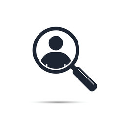 Find man contact, employee, vector illustration. Magnifying glass with man icon inside.
