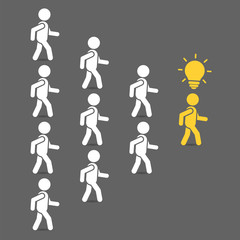 Leader of team with idea. Leadership business concept with crowd following behind their leader. Vector teamwork color illustration.