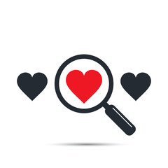 Search heart and love icon, vector. Find one red heart among other. Magnifying glass with heart inside. Dating illustration.