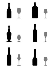 Black silhouettes of glasses and bottles, vector