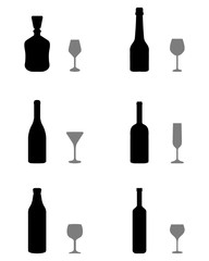 Black silhouettes of glasses and bottles, vector