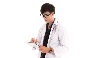 Male Doctor standing with folder, isolated on white background.