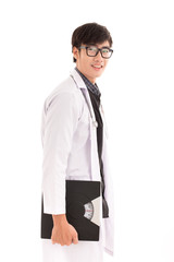 Male Doctor standing with folder, isolated on white background.