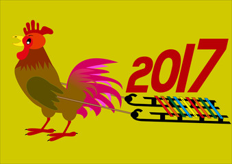New year chinese concept. Rooster carrying 2017 Year on sleigh Vector illustration. Zodiac sign
