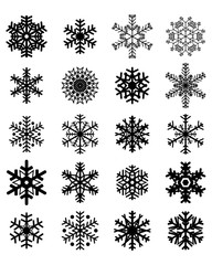Set of different black snowflakes on a white background