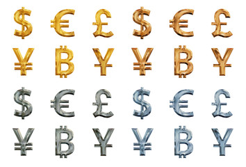 Set of glossy metallic currency symbols. Dollar, euro, yen, yuan, pound, bitcoin isolated on white background.