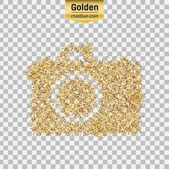 Gold glitter vector icon of photo camera isolated on background. Art creative concept illustration for web, glow light confetti, bright sequins, sparkle tinsel, abstract bling, shimmer dust, foil.