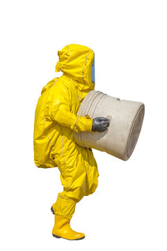 Isolated man in yellow protective hazmat suit