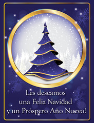 Les deseamos Feliz Navidad y Feliz Ano Nuevo! English text: We wish you Merry Christmas and Happy New Year! Spanish season's greetings. Print colors used. Size of custom greeting card 
