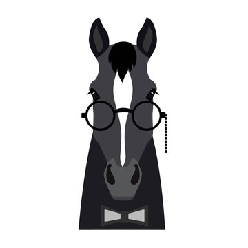 Vector black flat style horse head in glasses and bowtie