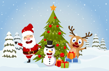 Fototapeta na wymiar Christmas Santa Claus reindeer, and snowmen background