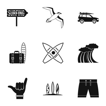 Swimming on surf icons set. Simple illustration of 9 swimming on surf vector icons for web