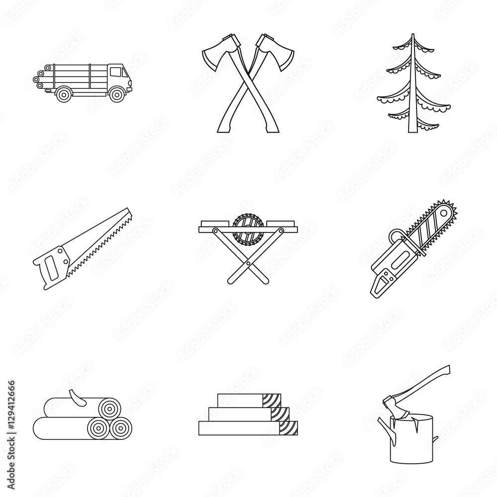 Poster cutting down trees icons set. outline illustration of 9 cutting down trees vector icons for web