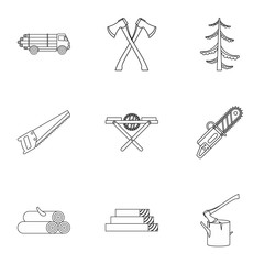 Cutting down trees icons set. Outline illustration of 9 cutting down trees vector icons for web