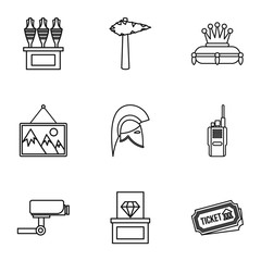 Going to museum icons set. Outline illustration of 9 going to museum vector icons for web