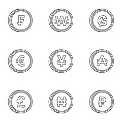 Currency icons set. Outline illustration of 9 currency vector icons for web