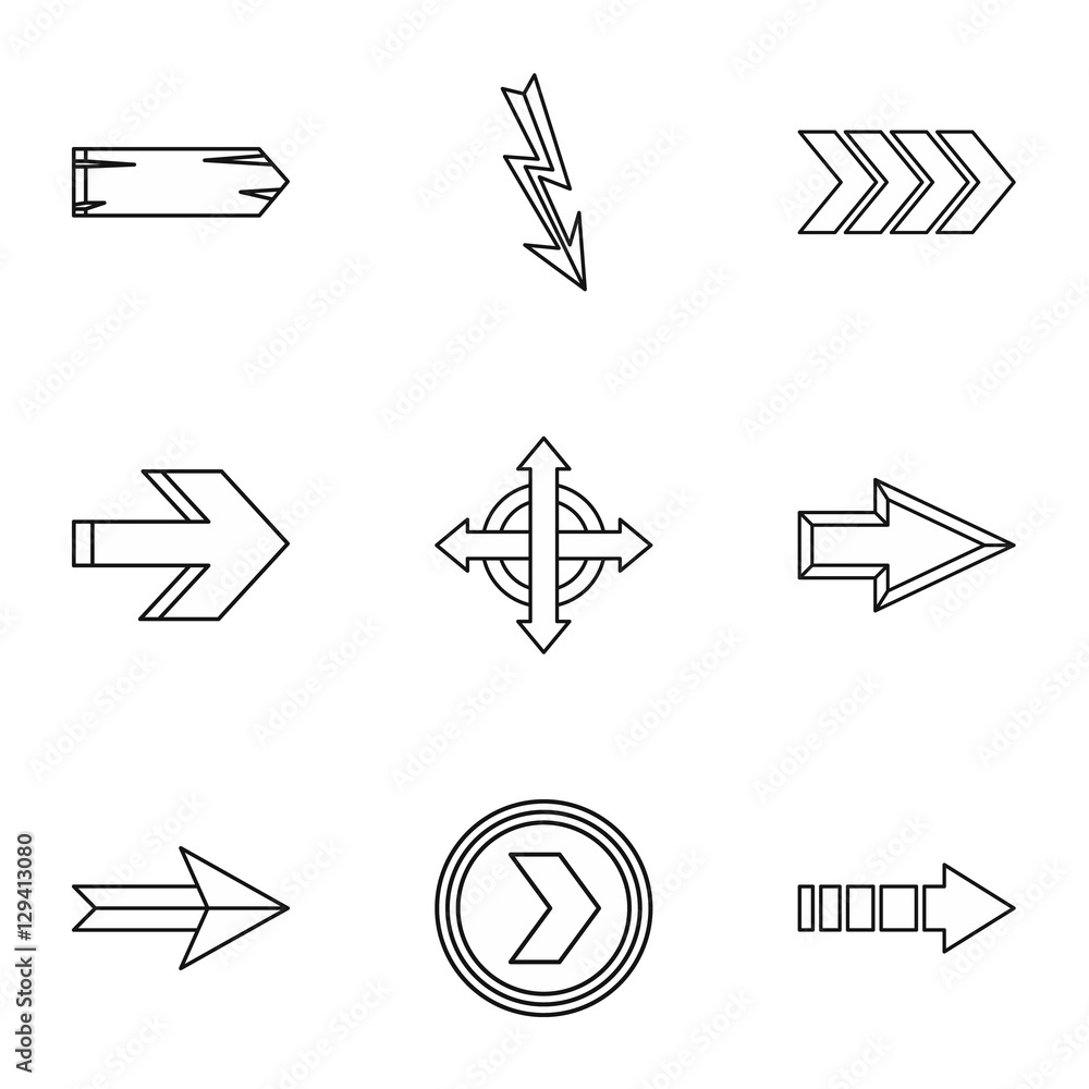 Poster types of arrows icons set. outline illustration of 9 types of arrows vector icons for web
