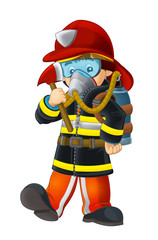 Cartoon happy and funny fireman with oxygen tank axe and protection glasses - isolated - illustration for children