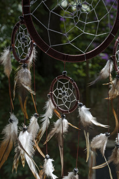 One brown dream catcher with green trees as background in the day in sunlight