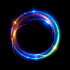 Abstract neon background. luminous swirling bunner. Glowing spiral. 
Shine round frame with light circles light effect. Glowing cover. 
Space for your message. Glossy. LED ellipse