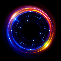 Abstract neon background. luminous swirling bunner. Glowing spiral. 
Shine round frame with light circles light effect. Glowing cover. 
Space for your message. Glossy. LED ellipse