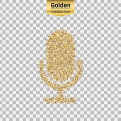Gold glitter vector icon of microphone isolated on background. Art creative concept illustration for web, glow light confetti, bright sequins, sparkle tinsel, abstract bling, shimmer dust, foil.