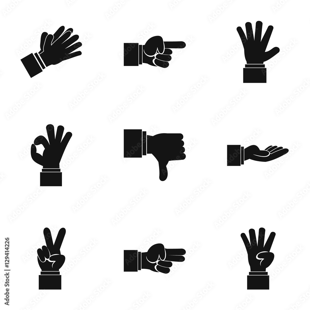 Poster communication gestures icons set. simple illustration of 9 communication gestures vector icons for w