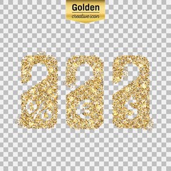 Gold glitter vector icon of price tag isolated on background. Art creative concept illustration for web, glow light confetti, bright sequins, sparkle tinsel, abstract bling, shimmer dust, foil.
