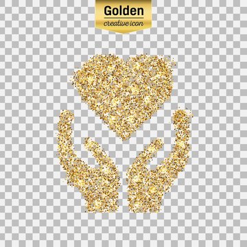 Gold glitter vector icon of heart in hand isolated on background. Art creative concept illustration for web, glow light confetti, bright sequins, sparkle tinsel, bling logo, shimmer dust, foil.