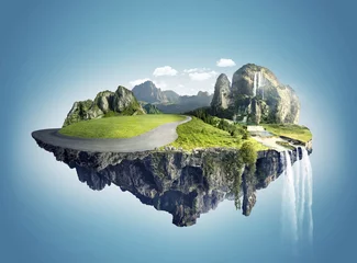 Fotobehang Magisch eiland met drijvende eilanden, waterval en veld © chinheng