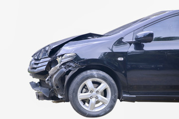 Fototapeta na wymiar Stock Photo:.A black car in an accident isolated on a white back