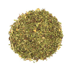 Portion of feverfew herb on a white background top view.