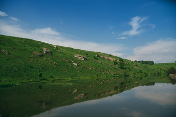 blue lake on a background of green hills