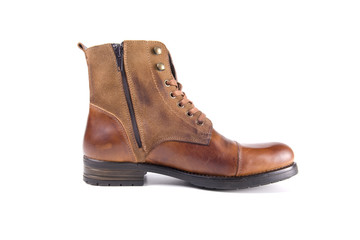male boots brown leather on white background, isolated product, top view