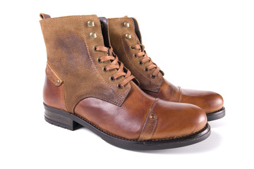 male boots brown leather on white background, isolated product, top view