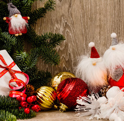 colorful christmas background with Santa puppets and grey fir