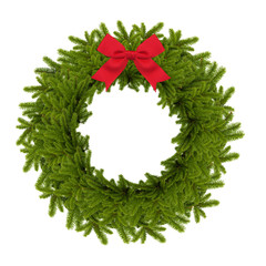 traditional green christmas wreath with red bow isolated on whit