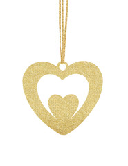 Golden Glitter Heart as Christmas decoration on ribbon isolated