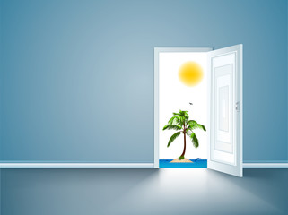 Door to island view behind an open door concept