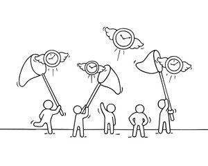 Sketch of working little people with flying clocks.