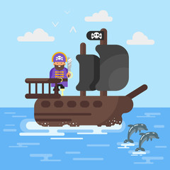 Vector flat style illustration of pirate ship with dolphins.