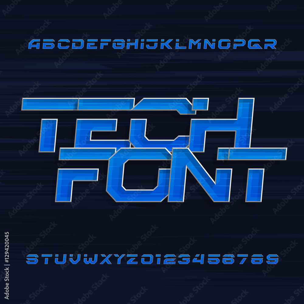 Fototapete futuristic techno alphabet vector font. effect oblique type letters and numbers on a dark background
