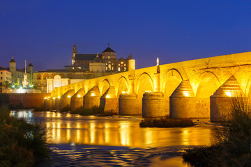 Great Mosque Mezquita - Catedral de Cordoba with mirror reflection and Illuminated Roman bridge across Guadalquivir river at night, Cordoba, Andalusia, Spain