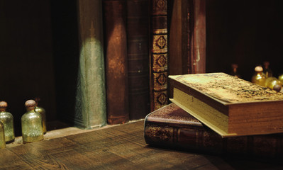 Old books on wood background, Still life style