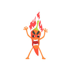 Angry Red Hot Chili Pepper Humanized Emotional Flat Cartoon Character Burning In Flames With Rage